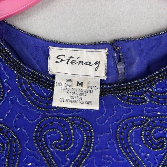 Vintage Stenay Top Womens Medium Blue Beaded Paisley Evening 100% Silk Cruise - Picture 6 of 14